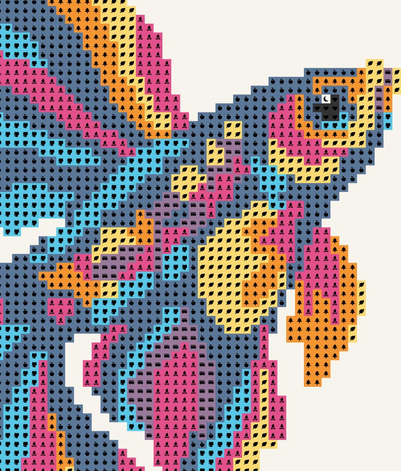 May include: A pixel art style illustration of a fish rendered in a vibrant colour palette of blue, pink, yellow, and orange. The design features a repeating pattern of small icons including trees, apples, and other shapes within each pixel block.