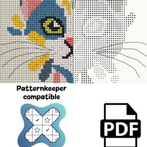 K&ouml;nnte beinhalten: Ein Kreuzstichmuster mit einem geteilten Design eines Katzengesichts mit blauen, rosa und gelben Farben auf der linken Seite und einer schwarz-wei&szlig;en Symboltabelle auf der rechten Seite. Der Text Patternkeeper compatible erscheint &uuml;ber einem blauen Symbol und einem schwarzen PDF-Symbol.