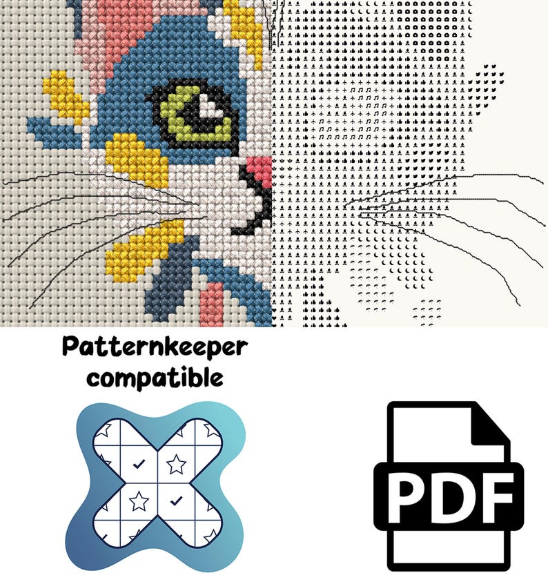K&ouml;nnte beinhalten: Ein Kreuzstichmuster mit einem geteilten Design eines Katzengesichts mit blauen, rosa und gelben Farben auf der linken Seite und einer schwarz-wei&szlig;en Symboltabelle auf der rechten Seite. Der Text Patternkeeper compatible erscheint &uuml;ber einem blauen Symbol und einem schwarzen PDF-Symbol.