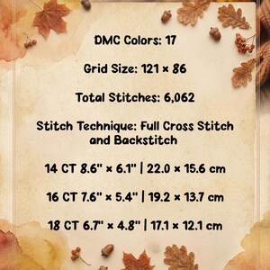May include: A cross stitch pattern information sheet featuring 17 DMC colours, a 121 x 86 grid, and 6,062 total stitches. It lists full cross stitch and backstitch techniques with dimensions for 14 CT (22.0 x 15.6 cm), 16 CT (19.2 x 13.7 cm), and 18 CT (17.1 x 12.1 cm).