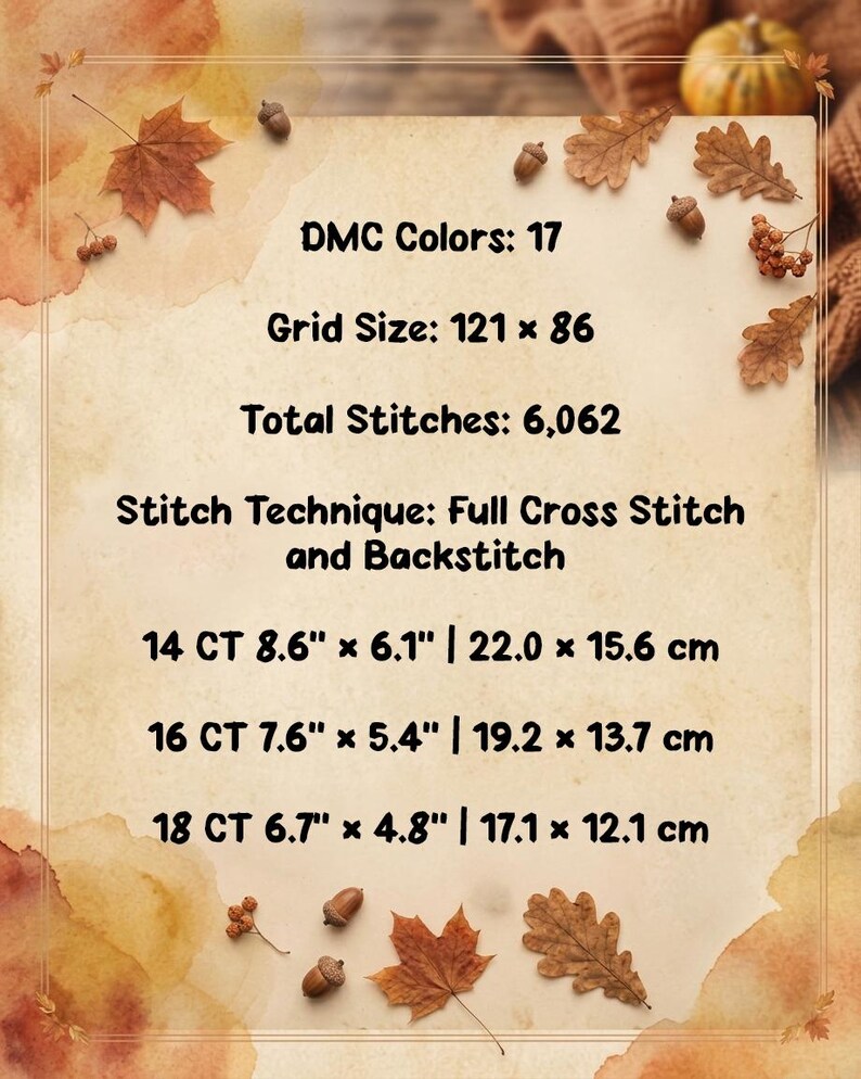 May include: A cross stitch pattern information sheet featuring 17 DMC colours, a 121 x 86 grid, and 6,062 total stitches. It lists full cross stitch and backstitch techniques with dimensions for 14 CT (22.0 x 15.6 cm), 16 CT (19.2 x 13.7 cm), and 18 CT (17.1 x 12.1 cm).