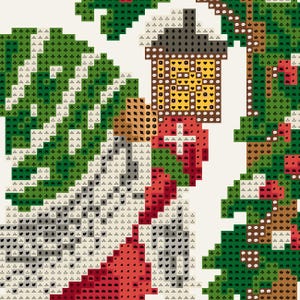 May include: A cross-stitch pattern chart featuring a pixelated design of a lantern hanging from a tree branch. The image displays a grid of symbols in shades of green, red, brown, and yellow, representing a festive scene with foliage and light.