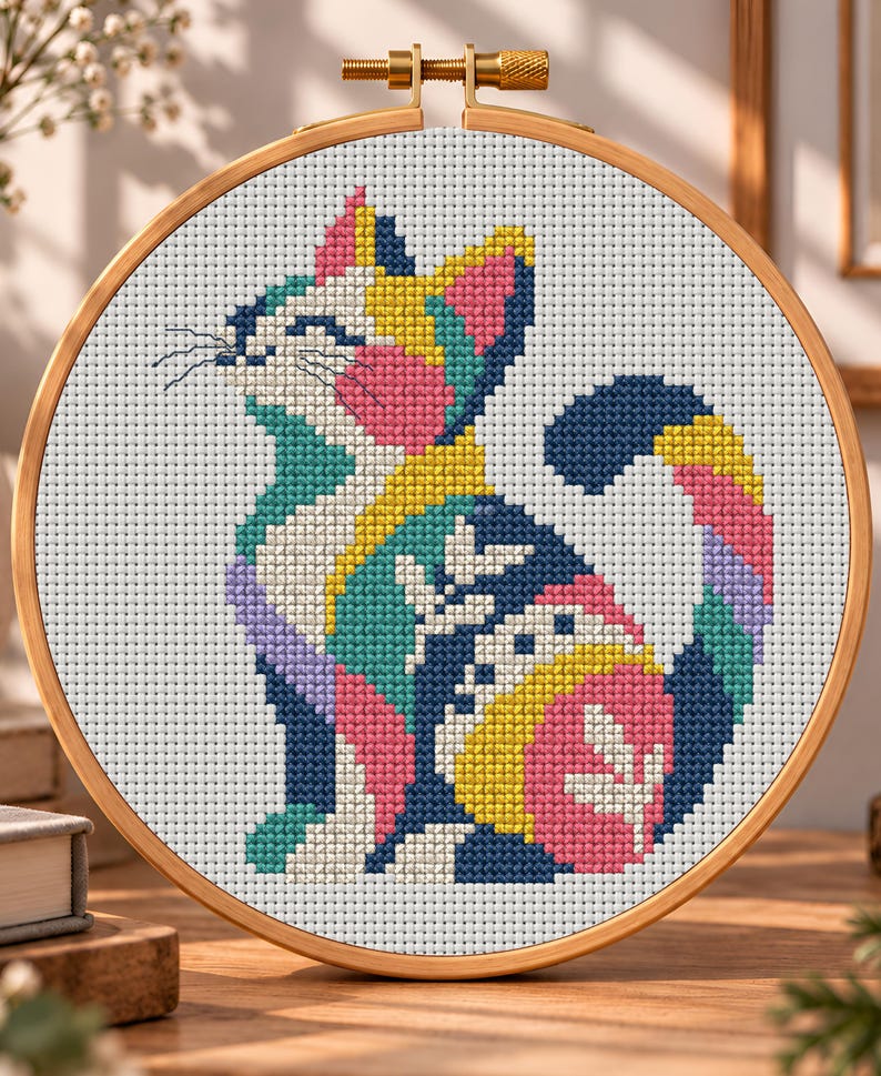 May include: A cross-stitch embroidery project featuring a stylized cat in a circular wooden hoop. The cat design uses a vibrant color palette of navy blue, yellow, pink, teal, and lavender, with white leaf-like patterns on its body.