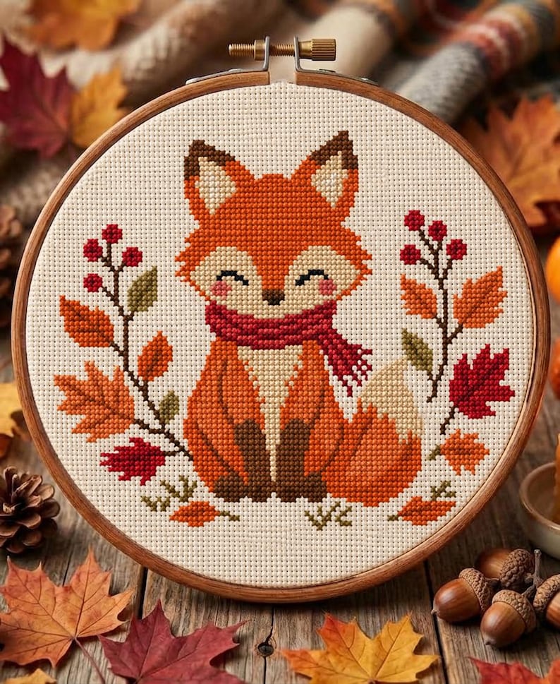 May include: A circular wooden embroidery hoop containing a cross-stitch pattern of a fox with orange fur, brown paws, and a red scarf. The fox is surrounded by autumn-themed elements including red berries and maple leaves in shades of red and orange.