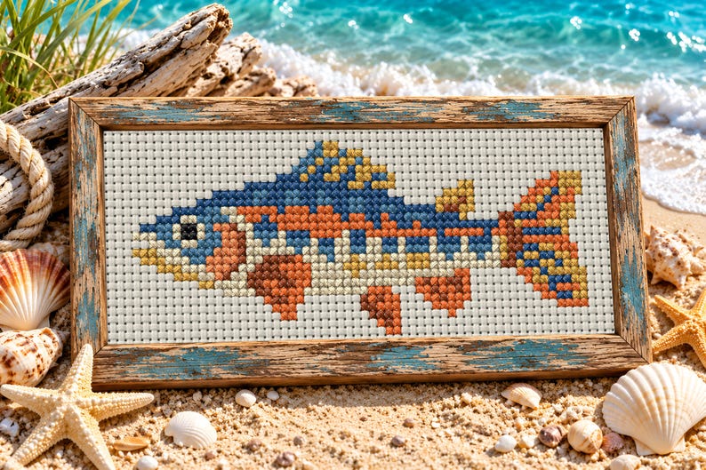 May include: A rectangular cross-stitch embroidery featuring a stylized fish with a mosaic pattern of blue, orange, yellow, and white threads. The artwork is encased in a weathered, rustic wooden frame with visible blue paint accents.