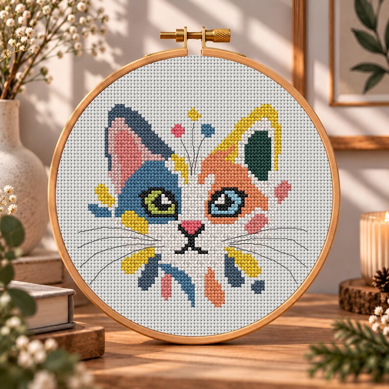 K&ouml;nnte beinhalten: Ein runder Stickrahmen aus Holz mit einem Kreuzstichmuster eines Katzengesichts. Die Katze hat ein mehrfarbiges Design mit blauen, orangefarbenen, gelben und rosafarbenen Flecken auf wei&szlig;em Stoff sowie aufgestickten schwarzen Schnurrhaaren.