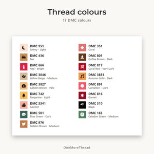 Op de afbeelding: Een kleurenkaart met de titel Thread colours met 17 DMC-kleuren. Elk item toont een klein icoon, de DMC-code en de kleurnaam. De lijst bevat tinten zoals Tawny, Tan, Red, Yellow Beige, Golden Brown, Tangerine, Apricot, Blue Green, Coral, Coffee Brown, Autumn Gold, Carnation, Garnet, Black en Celadon Green.