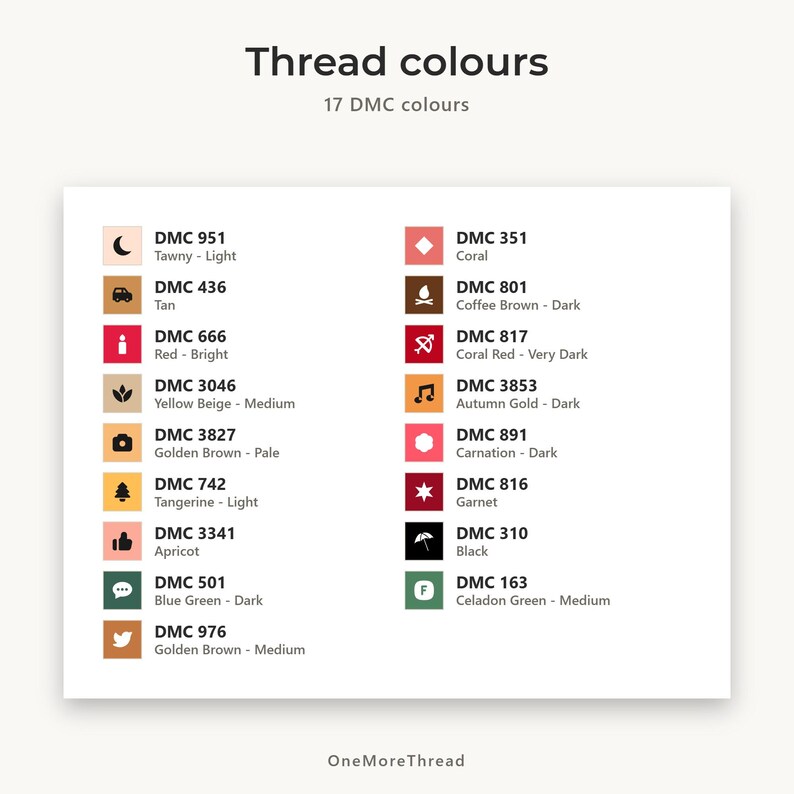 Op de afbeelding: Een kleurenkaart met de titel Thread colours met 17 DMC-kleuren. Elk item toont een klein icoon, de DMC-code en de kleurnaam. De lijst bevat tinten zoals Tawny, Tan, Red, Yellow Beige, Golden Brown, Tangerine, Apricot, Blue Green, Coral, Coffee Brown, Autumn Gold, Carnation, Garnet, Black en Celadon Green.