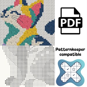 May include: A cross-stitch pattern featuring a stylized cat head in pink, yellow, teal, and dark blue. The digital file includes a PDF icon, the text "Patternkeeper compatible," and a blue cross-shaped logo with stars and checkmarks.
