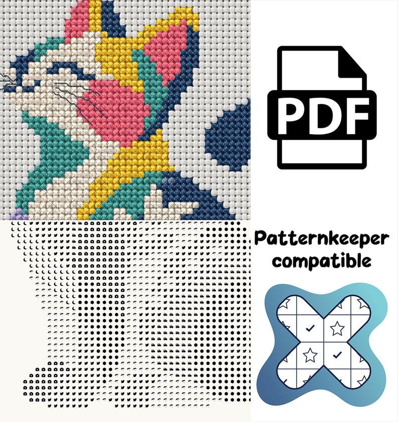 May include: A cross-stitch pattern featuring a stylized cat head in pink, yellow, teal, and dark blue. The digital file includes a PDF icon, the text "Patternkeeper compatible," and a blue cross-shaped logo with stars and checkmarks.