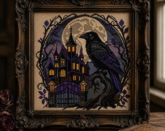 May include: A square cross-stitch embroidery featuring a black raven perched on a branch before a large moon, a dark mansion with glowing yellow windows, and a gated entrance, all enclosed within an ornate, dark brown, carved wooden frame.