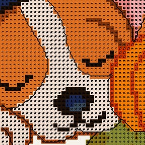 May include: A cross stitch pattern featuring a white dog face with a dark blue nose and black mouth lines, surrounded by orange pumpkin shapes filled with small black umbrella icons and musical note symbols on a grid background.