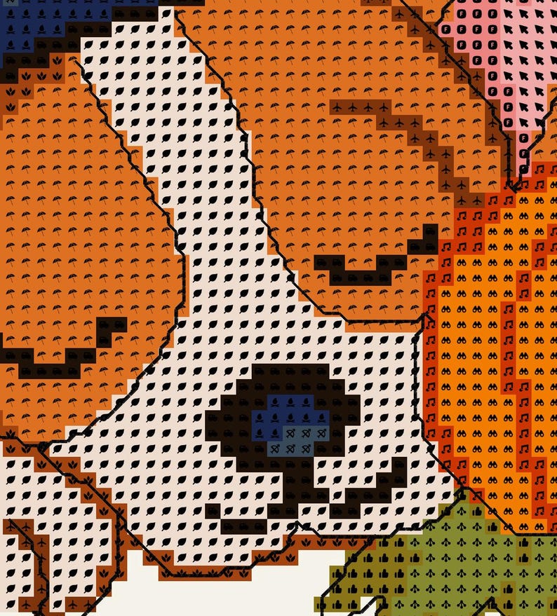 May include: A cross stitch pattern featuring a white dog face with a dark blue nose and black mouth lines, surrounded by orange pumpkin shapes filled with small black umbrella icons and musical note symbols on a grid background.