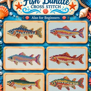 May include: A Fish Bundle Cross Stitch pattern set featuring six rectangular frames, each containing a unique fish design stitched on white fabric. The header text reads Fish Bundle CROSS STITCH and Also for Beginners.