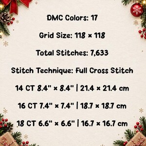 Op de afbeelding: Een kruissteek informatieblad met een cr&egrave;mekleurige achtergrond, versierd met dennentakken, rode bessen en geschenkdozen. De tekst bevat: DMC Colors: 17, Grid Size: 118 x 118, Total Stitches: 7,633, Stitch Technique: Full Cross Stitch en afmetingen.