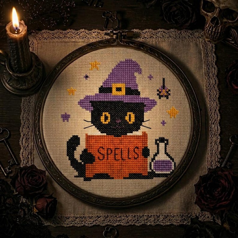 May include: A cross-stitch embroidery in a circular wooden hoop featuring a black cat wearing a purple witch hat, holding an orange sign with the word SPELLS written in black, accompanied by a purple potion bottle and small yellow stars.
