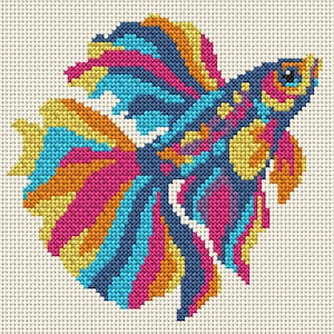 May include: A cross-stitch embroidery pattern of a betta fish featuring a vibrant colour palette of magenta, bright blue, yellow, and dark navy blue. The design displays intricate geometric stitching that forms the fish's flowing fins and body.