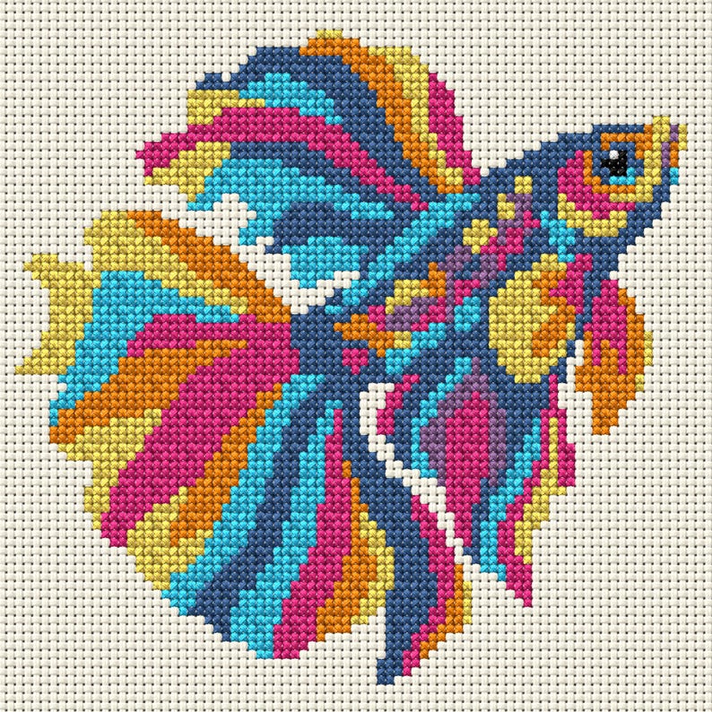 May include: A cross-stitch embroidery pattern of a betta fish featuring a vibrant colour palette of magenta, bright blue, yellow, and dark navy blue. The design displays intricate geometric stitching that forms the fish's flowing fins and body.