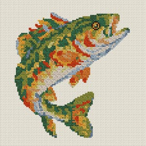 May include: A cross-stitch embroidery pattern of a fish leaping upward. The design features a vibrant color palette of green, orange, yellow, and light blue threads stitched onto a white grid fabric, capturing the fish in a dynamic motion.