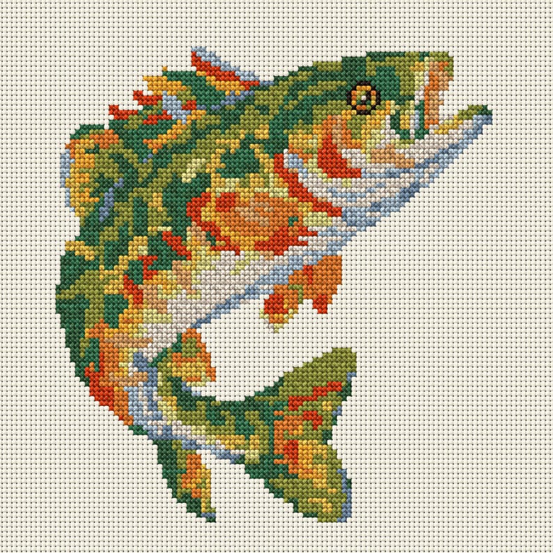 May include: A cross-stitch embroidery pattern of a fish leaping upward. The design features a vibrant color palette of green, orange, yellow, and light blue threads stitched onto a white grid fabric, capturing the fish in a dynamic motion.