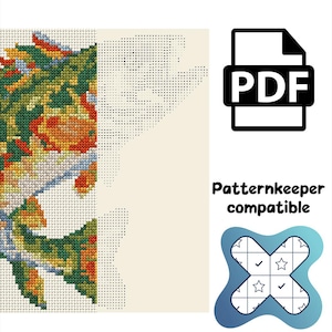 May include: A digital cross-stitch pattern file featuring a colorful koi fish design with green, orange, and yellow hues. The image displays a section of the stitched pattern alongside a symbol-based chart, a PDF icon, and the text Patternkeeper compatible.