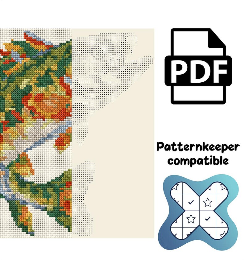 May include: A digital cross-stitch pattern file featuring a colorful koi fish design with green, orange, and yellow hues. The image displays a section of the stitched pattern alongside a symbol-based chart, a PDF icon, and the text Patternkeeper compatible.
