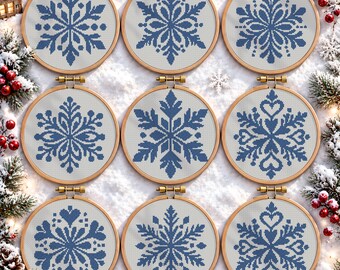 Mini Snowflake Cross Stitch Pattern Bundle PDF, 9 Nordic Christmas Snowflake Ornaments, One Color Blue Winter Sampler
