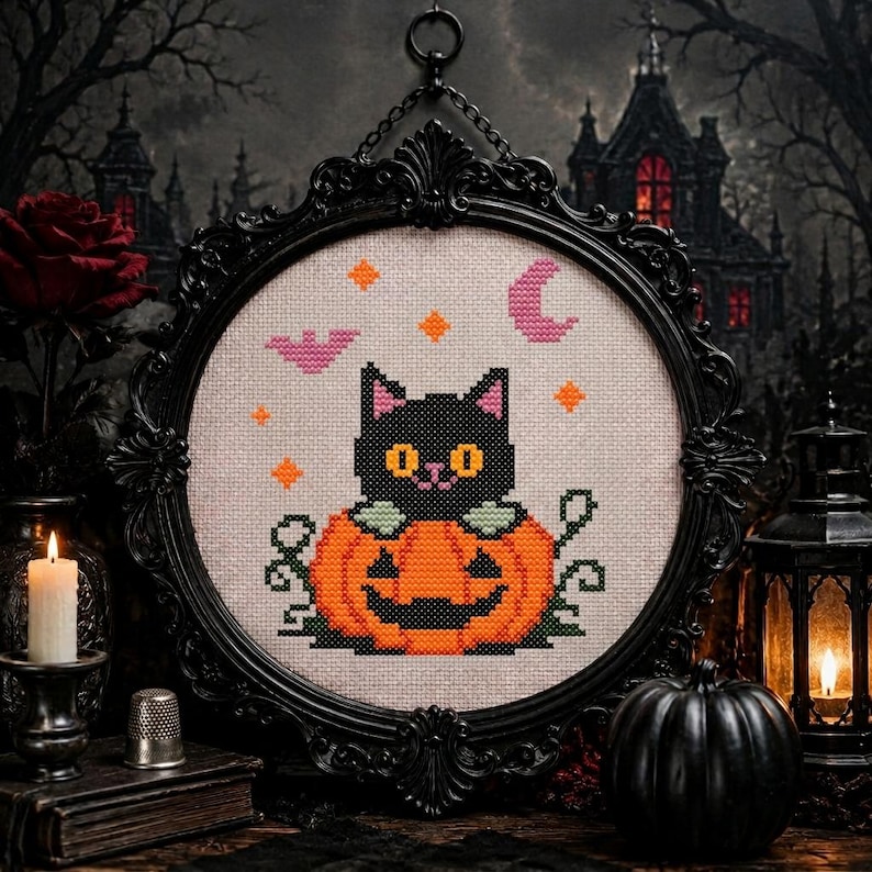 May include: A cross-stitch embroidery featuring a black cat sitting inside an orange jack-o'-lantern, surrounded by a pink crescent moon, a pink bat, and orange stars, displayed in an ornate black oval frame with a hanging chain.
