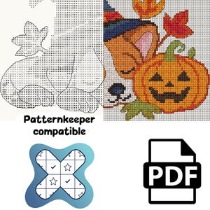 May include: A cross-stitch pattern featuring a puppy wearing a witch hat next to a jack-o'-lantern and autumn leaves. The design includes a grid-based chart, the text Patternkeeper compatible, a blue cross-stitch icon, and a black PDF file icon.