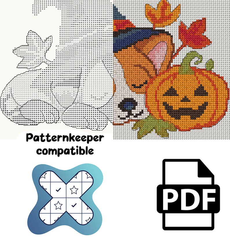 May include: A cross-stitch pattern featuring a puppy wearing a witch hat next to a jack-o'-lantern and autumn leaves. The design includes a grid-based chart, the text Patternkeeper compatible, a blue cross-stitch icon, and a black PDF file icon.