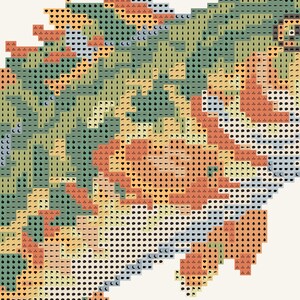 May include: A cross-stitch pattern chart featuring a grid of symbols on a light background. The design displays floral shapes in shades of peach, sage green, and light blue, with each square containing a distinct black icon for color mapping.