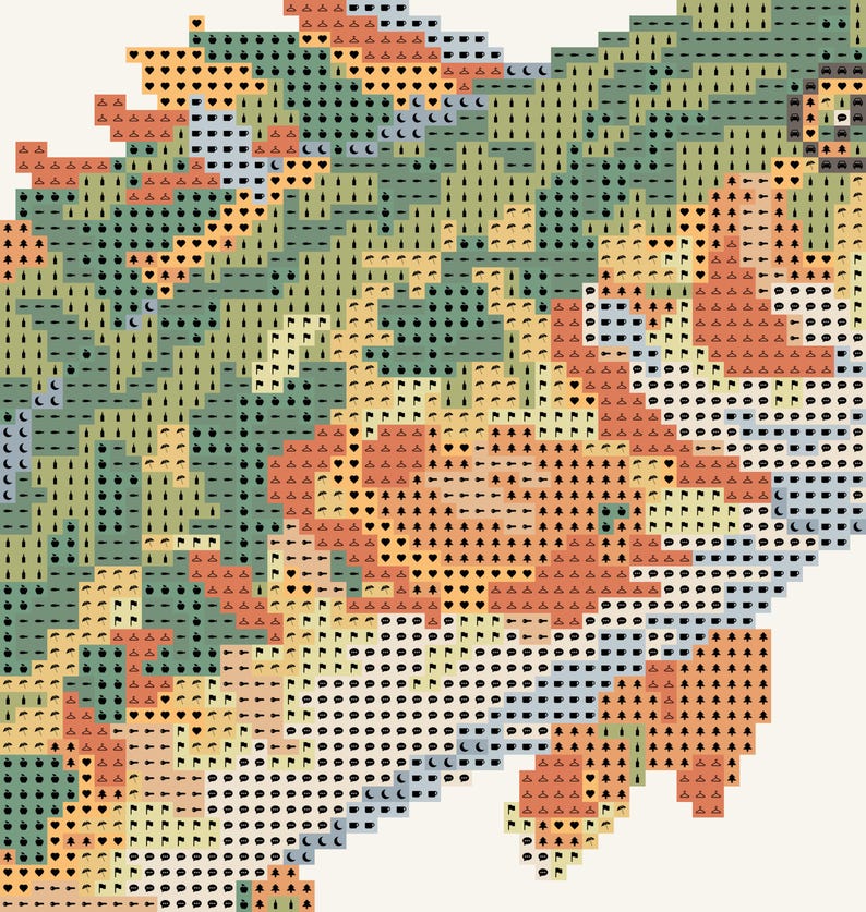 May include: A cross-stitch pattern chart featuring a grid of symbols on a light background. The design displays floral shapes in shades of peach, sage green, and light blue, with each square containing a distinct black icon for color mapping.