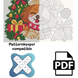 May include: A cross stitch pattern featuring a puppy wearing a Santa hat and scarf next to a Christmas tree and gifts. The image shows a colored version and a black and white grid version. Text includes Patternkeeper compatible and PDF.