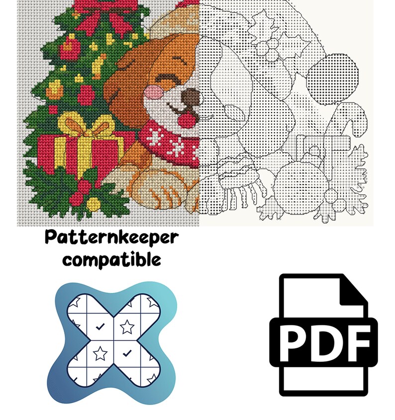 May include: A cross stitch pattern featuring a puppy wearing a Santa hat and scarf next to a Christmas tree and gifts. The image shows a colored version and a black and white grid version. Text includes Patternkeeper compatible and PDF.
