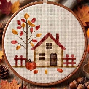 May include: A circular wooden embroidery hoop containing a cross-stitch design on white fabric. The pattern features a house with a red roof, a tree with red and yellow autumn leaves, a pumpkin, and a red fence, all rendered in pixelated style.