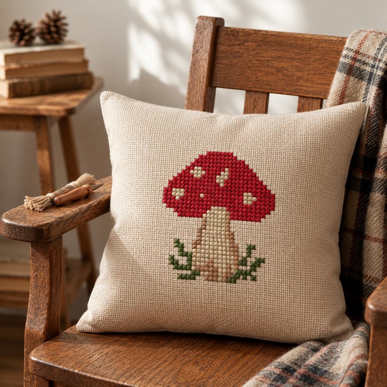 May include: A square throw pillow made of beige textured fabric featuring a centered cross-stitch design of a red mushroom with white spots and a light brown stem, surrounded by small green foliage at the base of the mushroom stalk.