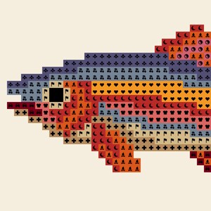 May include: A pixel art fish illustration composed of small squares, each containing a unique icon such as hearts, cherries, flags, campfires, and plus signs. The fish features a color palette of purple, orange, red, and beige against a cream background.