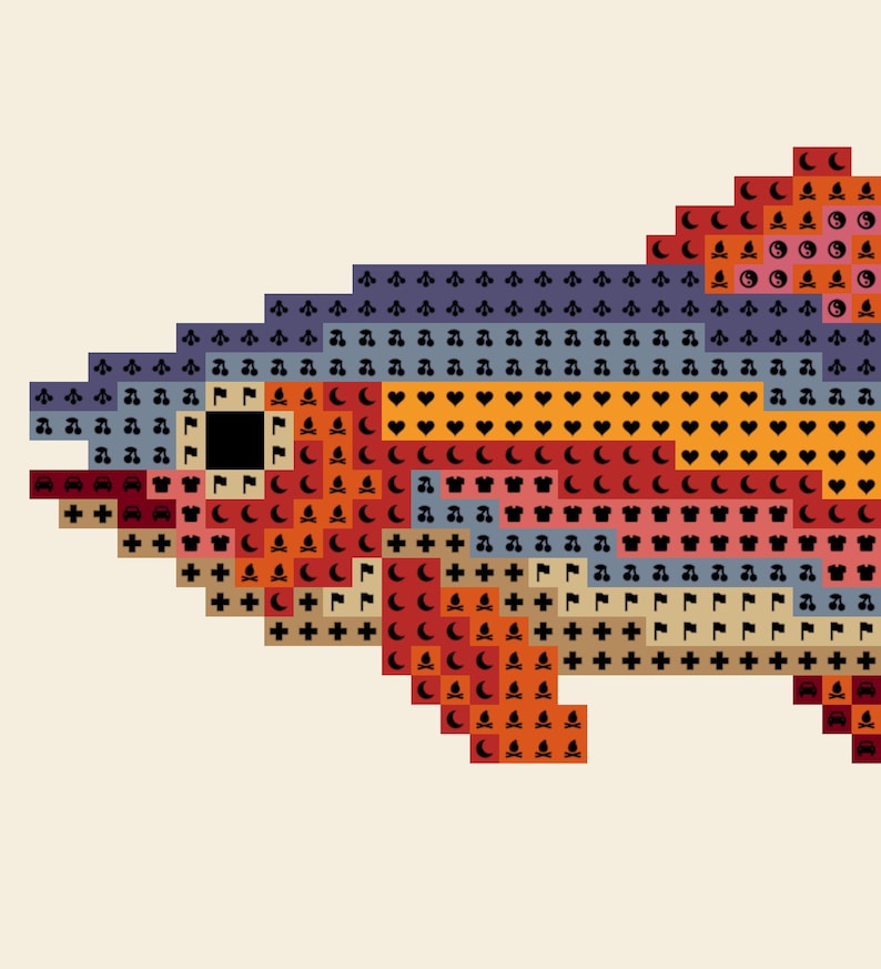 May include: A pixel art fish illustration composed of small squares, each containing a unique icon such as hearts, cherries, flags, campfires, and plus signs. The fish features a color palette of purple, orange, red, and beige against a cream background.