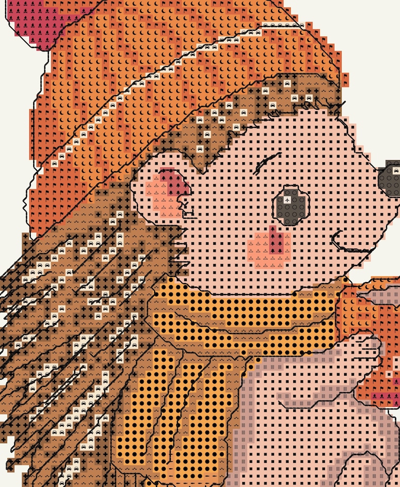 May include: A cross-stitch pattern featuring a hedgehog wearing an orange hat and a yellow scarf. The design uses a grid of symbols to represent colors, including shades of brown for the quills, light pink for the face, and orange for the hat.
