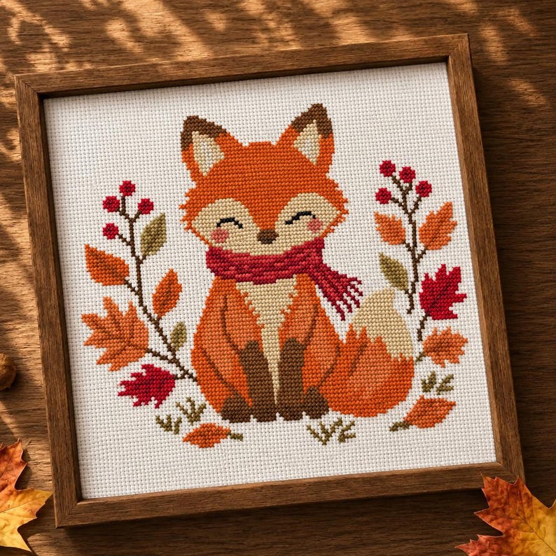 May include: A square framed cross-stitch embroidery featuring a central orange fox with a dark red scarf, surrounded by autumn-themed elements including red berries and various orange, red, and green maple leaves on a white fabric background.