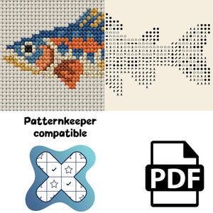May include: A cross-stitch pattern featuring a fish design with blue, orange, and yellow threads on white fabric, alongside a black and white symbol chart, the text Patternkeeper compatible, a blue cross-shaped icon, and a black PDF file icon.