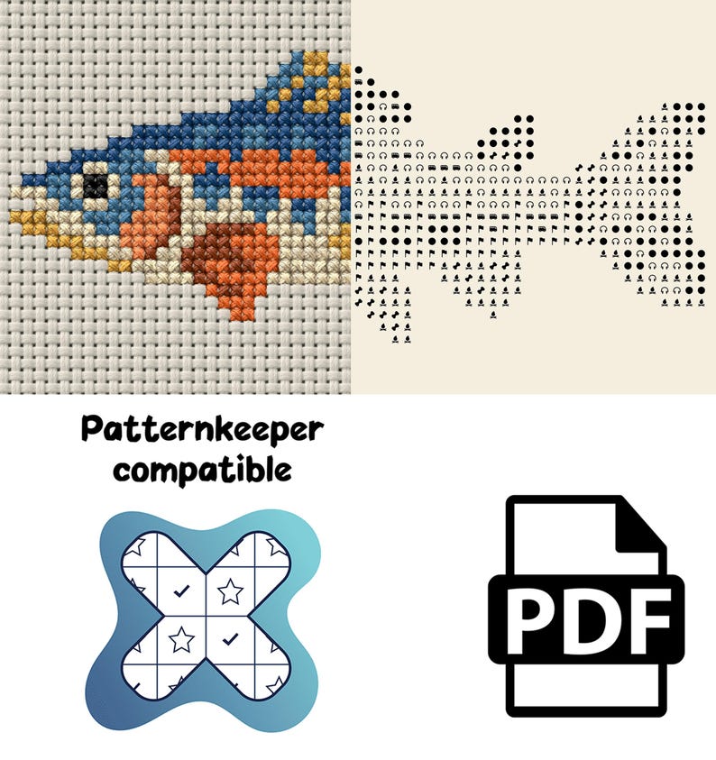 May include: A cross-stitch pattern featuring a fish design with blue, orange, and yellow threads on white fabric, alongside a black and white symbol chart, the text Patternkeeper compatible, a blue cross-shaped icon, and a black PDF file icon.