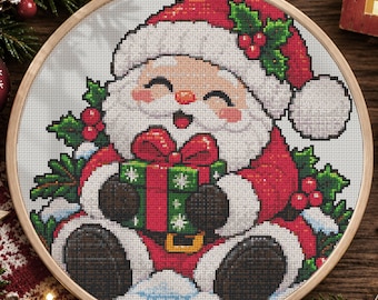 Cute Santa Claus Cross Stitch Pattern PDF, Christmas Santa Holding Gift, Festive Holiday Embroidery Design, Counted Cross Stitch