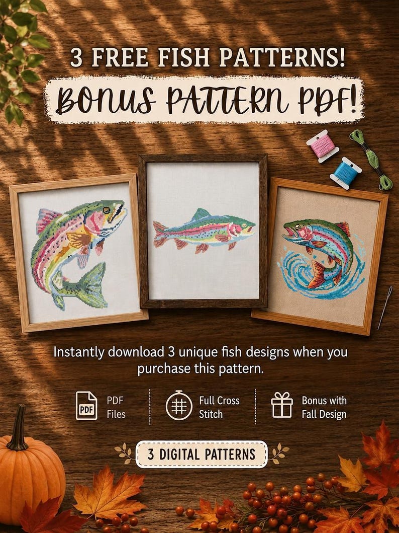 Może przedstawiać: Trzy oprawione wzory ryb do haftu krzyżykowego z kolorowymi pstrągami. Tekst zawiera 3 FREE FISH PATTERNS! BONUS PATTERN PDF! Instantly download 3 unique fish designs when you purchase this pattern. PDF Files, Full Cross Stitch, Bonus with Fall Design, 3 DIGITAL PATTERNS.