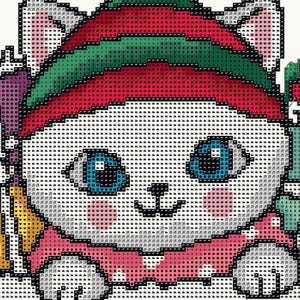 May include: A diamond painting pattern featuring a white cat with blue eyes, pink cheeks, and a red and green hat. The design is composed of a grid of symbols used for placing colored resin drills to create a finished mosaic art piece.
