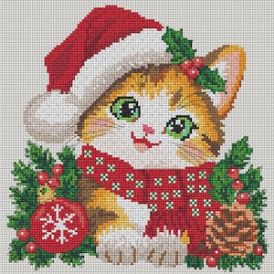 May include: A cross-stitch pattern featuring a kitten wearing a red and white Santa hat and a red scarf with white accents. The kitten is surrounded by green holly leaves, red berries, a red ornament with a white snowflake, and a brown pinecone.