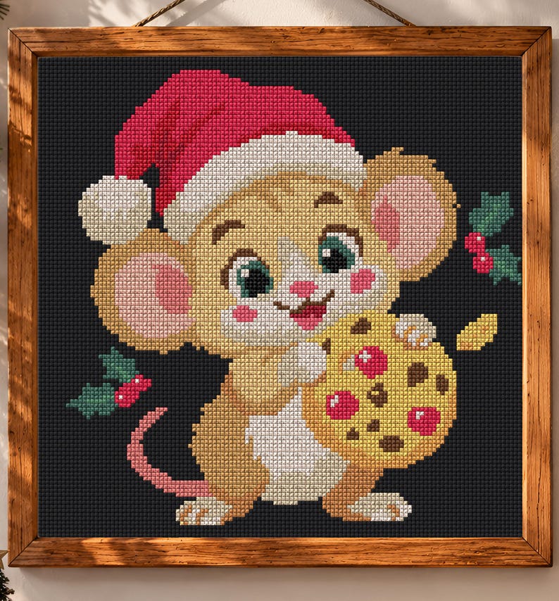 Op de afbeelding: Een ingelijst kruissteekpatroon met een lichtbruine muis die een rood-witte kerstmuts draagt. De muis heeft grote oren, groene ogen en roze wangen en houdt een geel koekje met rode en bruine vlekken vast. Groene hulstblaadjes met rode bessen zijn aan de zijkanten geplaatst tegen een donkergrijze achtergrond.