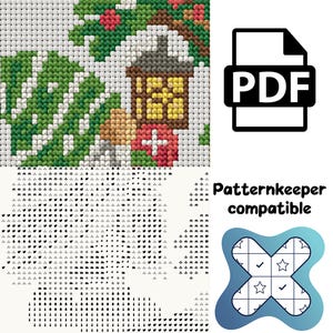 May include: A cross-stitch pattern featuring a lantern, green foliage, and red berries. The digital file includes a PDF icon, the text Patternkeeper compatible, and a blue cross-shaped logo with stars and checkmarks over a grid of symbols.
