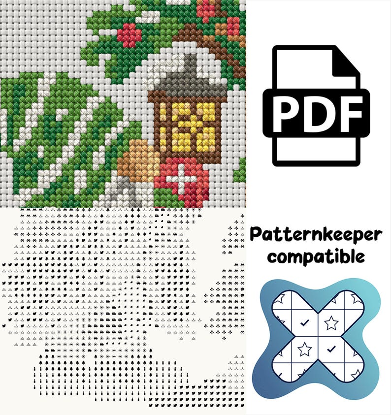 May include: A cross-stitch pattern featuring a lantern, green foliage, and red berries. The digital file includes a PDF icon, the text Patternkeeper compatible, and a blue cross-shaped logo with stars and checkmarks over a grid of symbols.