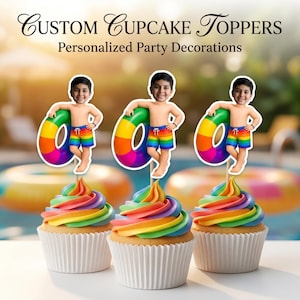 Custom Face Pool Party Cupcake Toppers, Personalized Summer Swim Birthday Cupcake Toppers, Printable Digital Download, Kids Party Decor